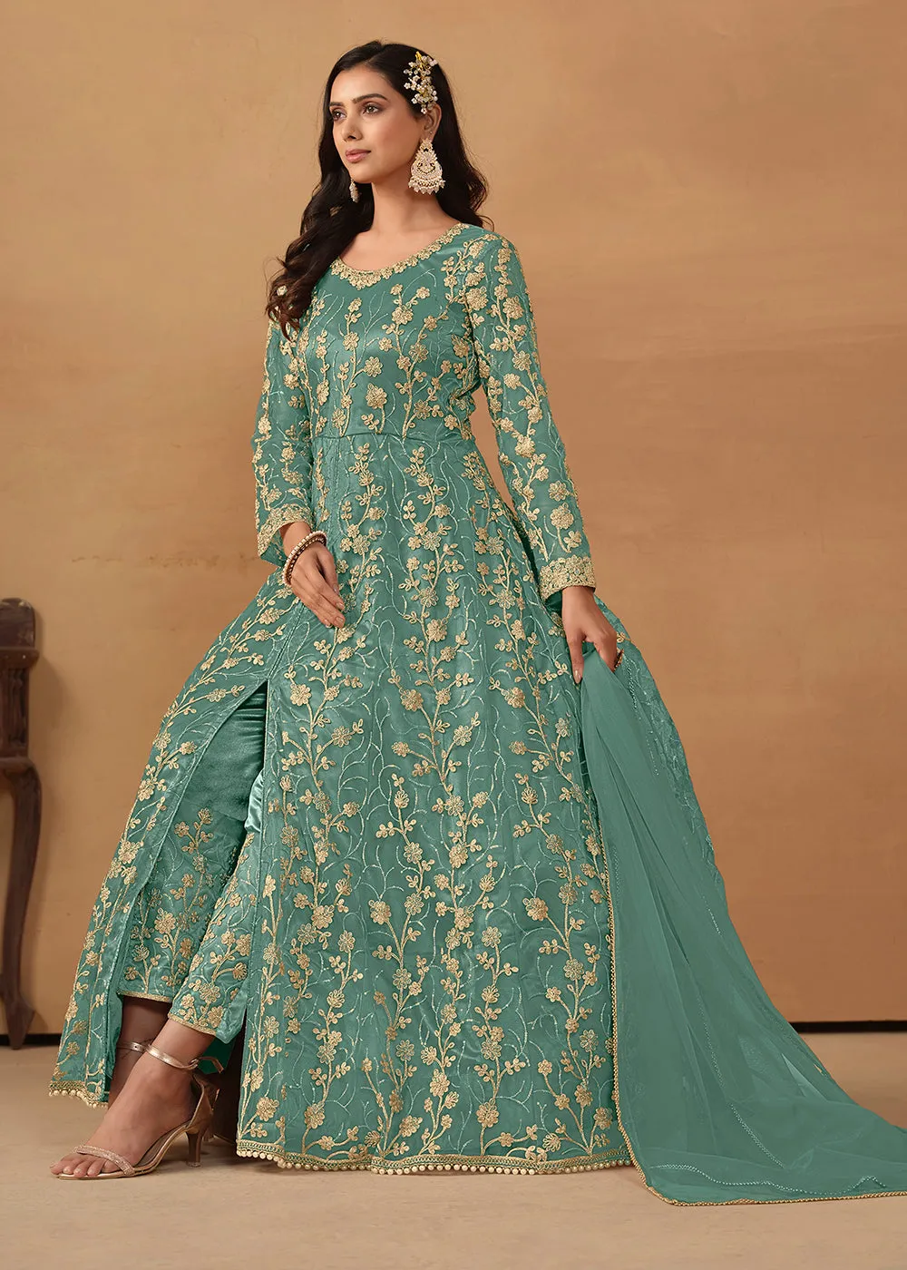 Pant Style Turquoise Embroidered Net Wedding Anarkali Suit