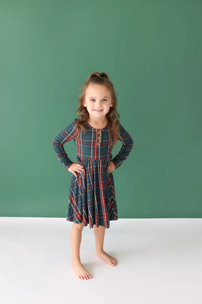 Posh Peanut Long Sleeve Henley Twirl Dress in Tartan Plaid