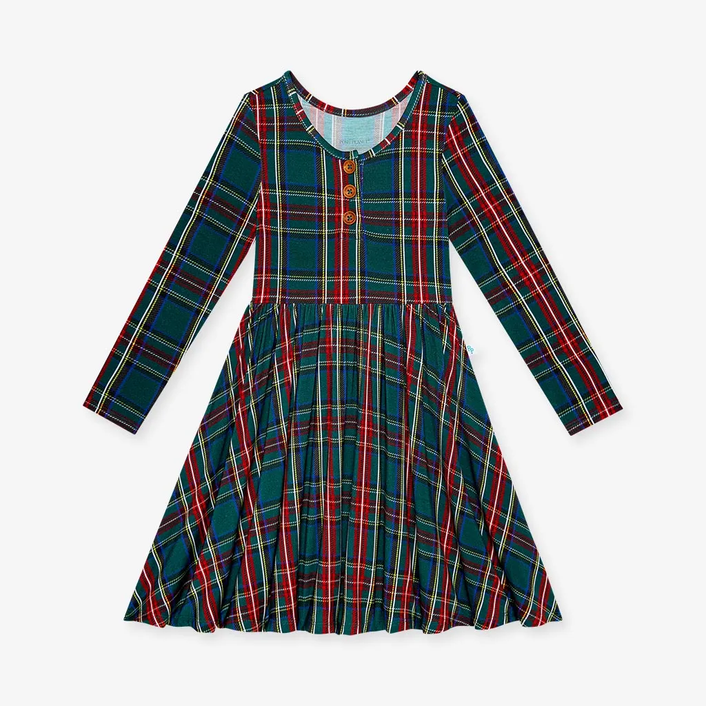 Posh Peanut Long Sleeve Henley Twirl Dress in Tartan Plaid