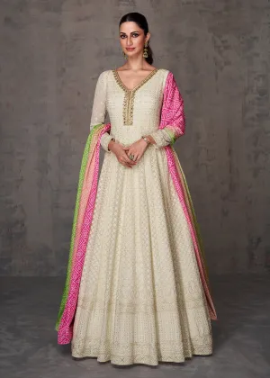 Pretty Cream Wedding Wear Embroidered Long Anarkali Suit