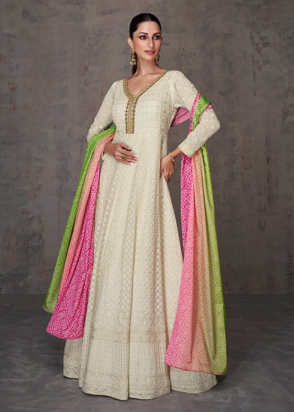 Pretty Cream Wedding Wear Embroidered Long Anarkali Suit