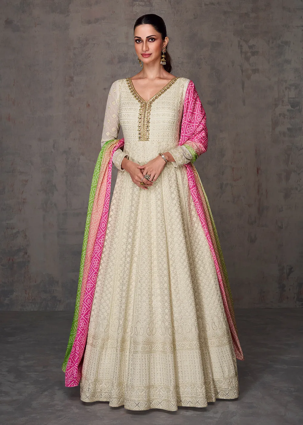 Pretty Cream Wedding Wear Embroidered Long Anarkali Suit