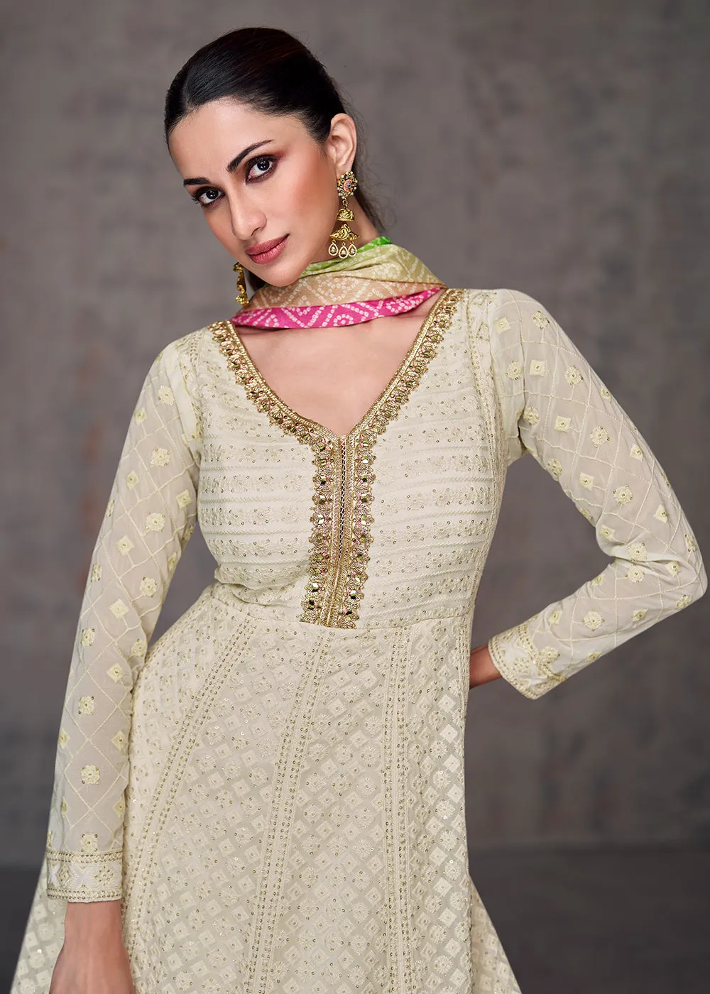 Pretty Cream Wedding Wear Embroidered Long Anarkali Suit