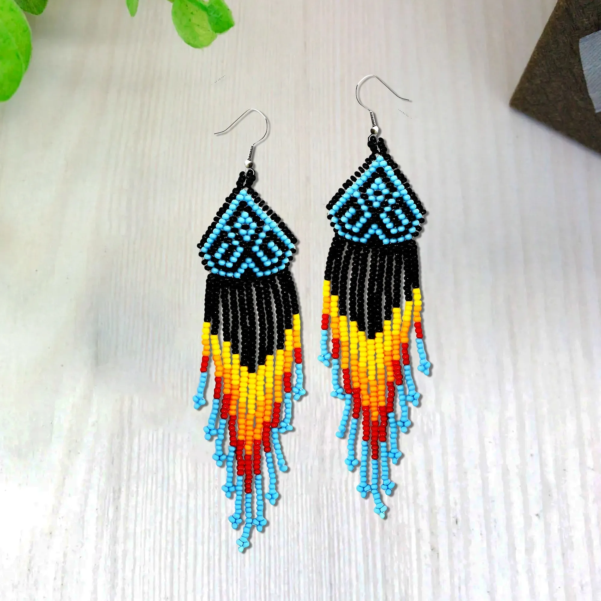 SALE 50% OFF - Black Multicolored Long Pattern Beaded Handmade Earrings For Women