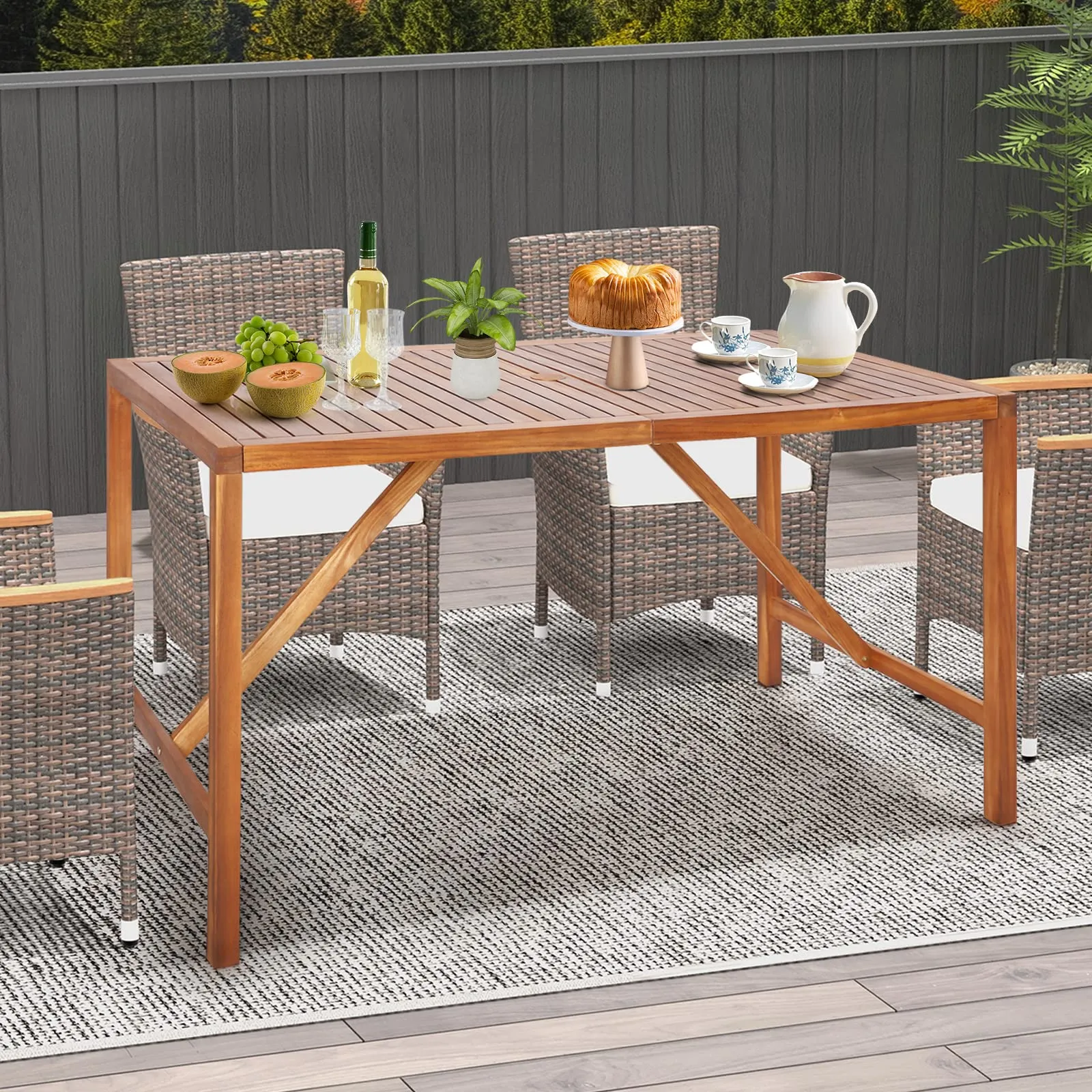 Tangkula Outdoor Rectangle Dining Table, Acacia Wood Table with 2 Inch Umbrella Hole, Spacious Slatted Tabletop for 6 Person