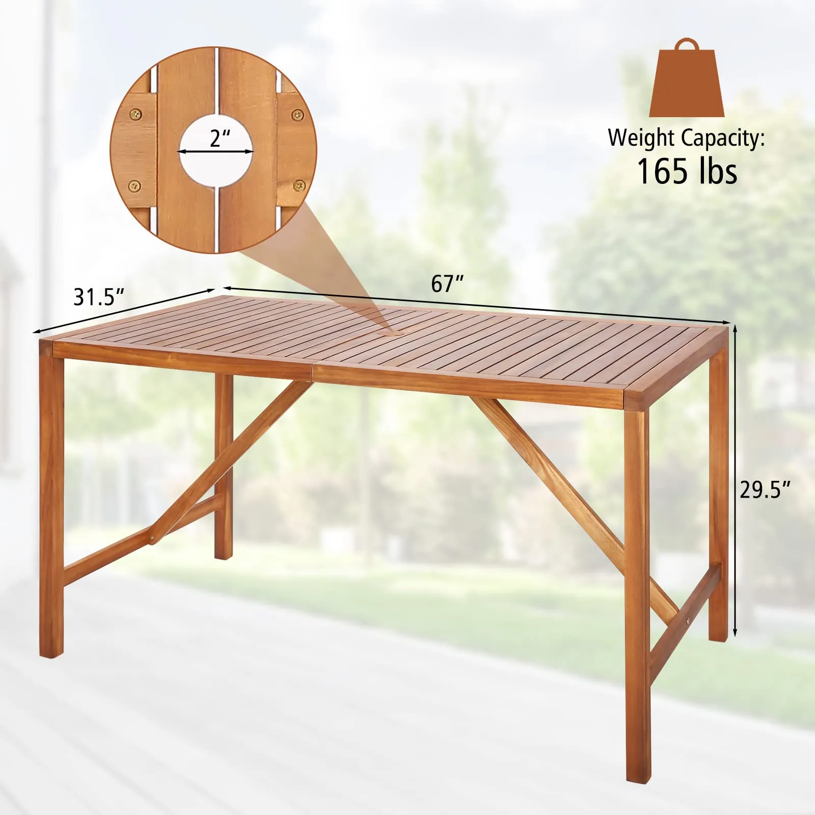 Tangkula Outdoor Rectangle Dining Table, Acacia Wood Table with 2 Inch Umbrella Hole, Spacious Slatted Tabletop for 6 Person