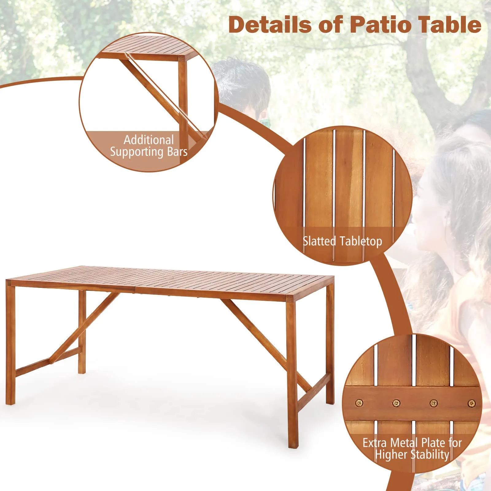 Tangkula Outdoor Rectangle Dining Table, Acacia Wood Table with 2 Inch Umbrella Hole, Spacious Slatted Tabletop for 6 Person