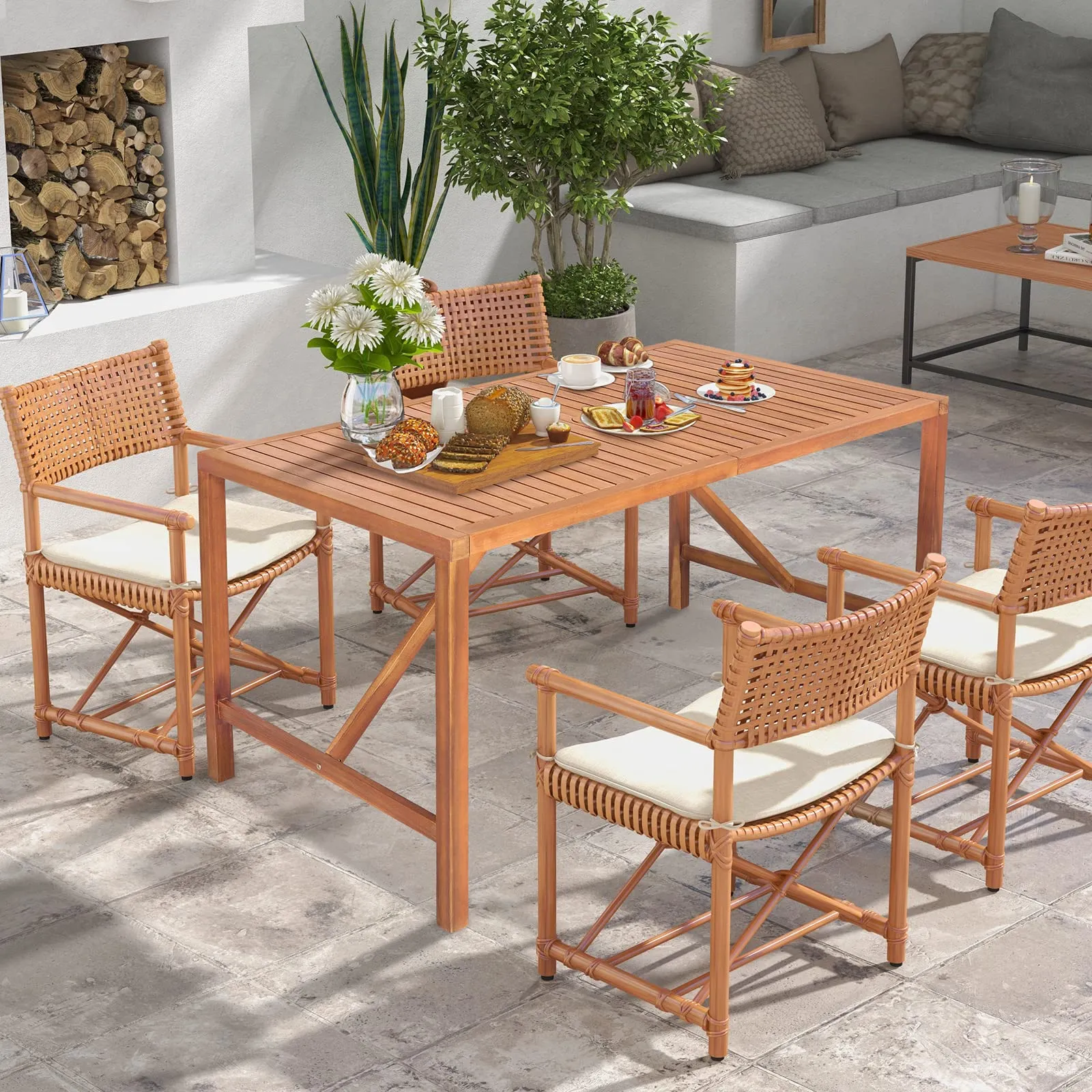 Tangkula Outdoor Rectangle Dining Table, Acacia Wood Table with 2 Inch Umbrella Hole, Spacious Slatted Tabletop for 6 Person