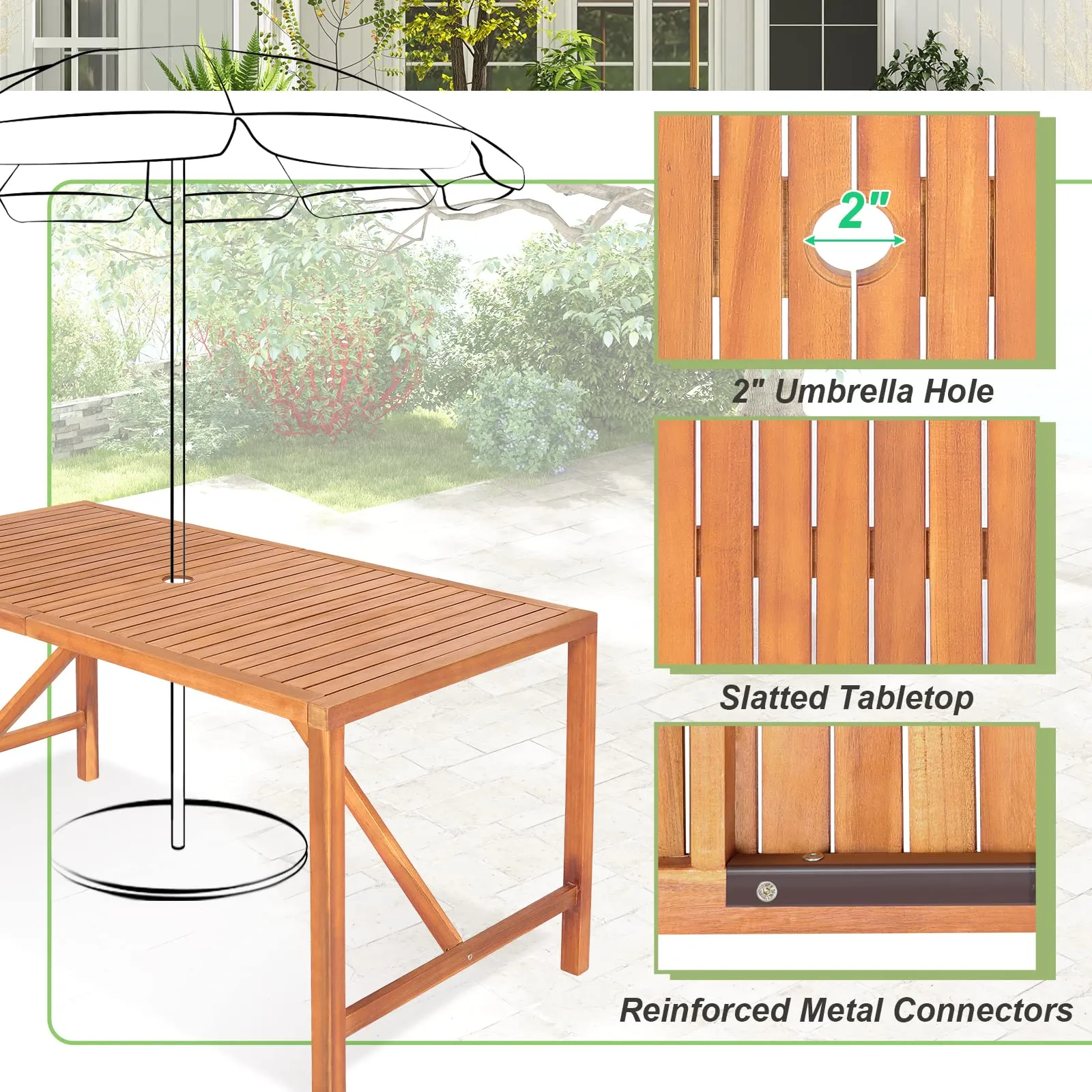 Tangkula Outdoor Rectangle Dining Table, Acacia Wood Table with 2 Inch Umbrella Hole, Spacious Slatted Tabletop for 6 Person