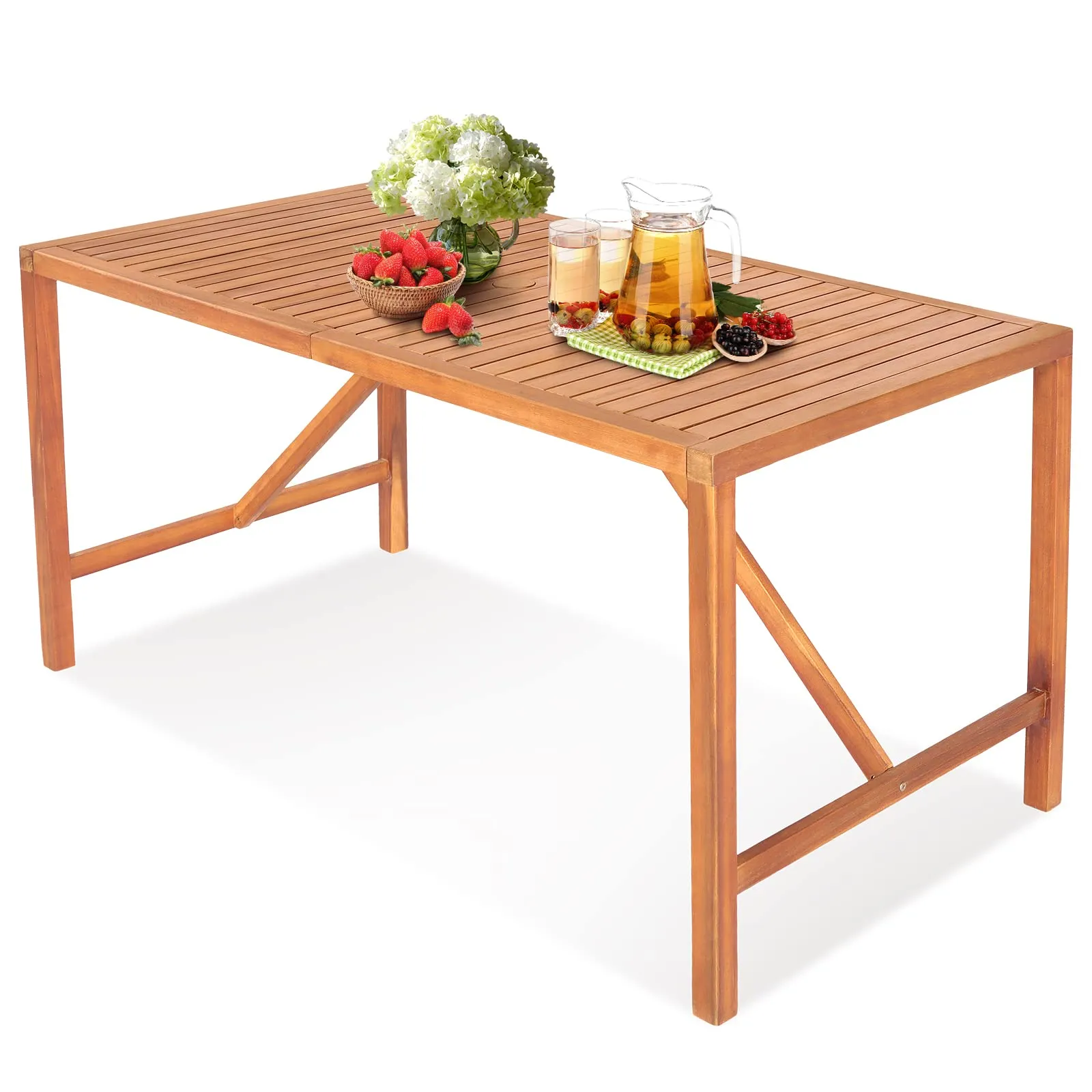 Tangkula Outdoor Rectangle Dining Table, Acacia Wood Table with 2 Inch Umbrella Hole, Spacious Slatted Tabletop for 6 Person