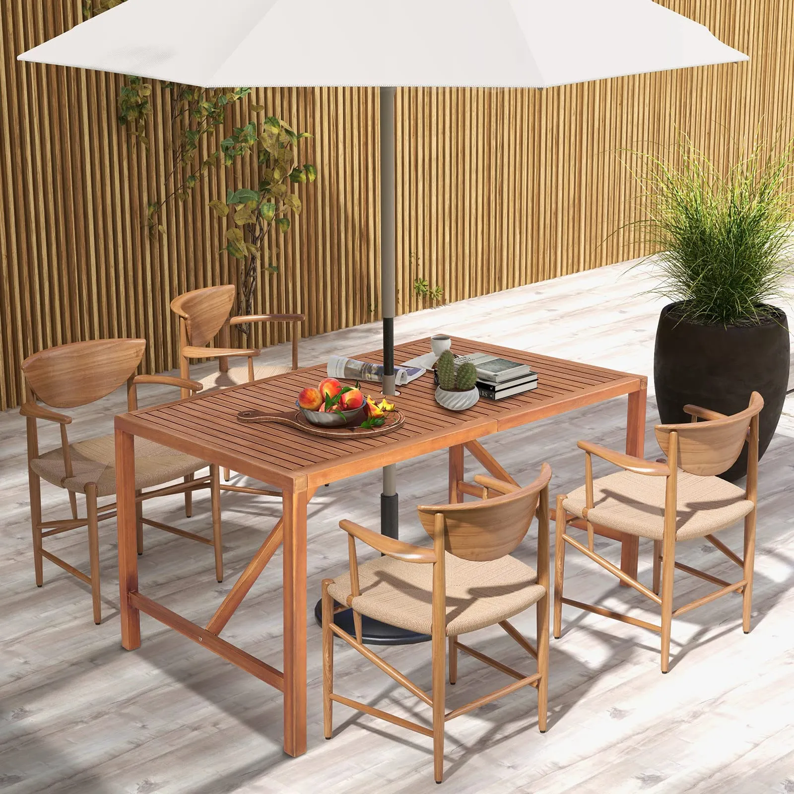 Tangkula Outdoor Rectangle Dining Table, Acacia Wood Table with 2 Inch Umbrella Hole, Spacious Slatted Tabletop for 6 Person