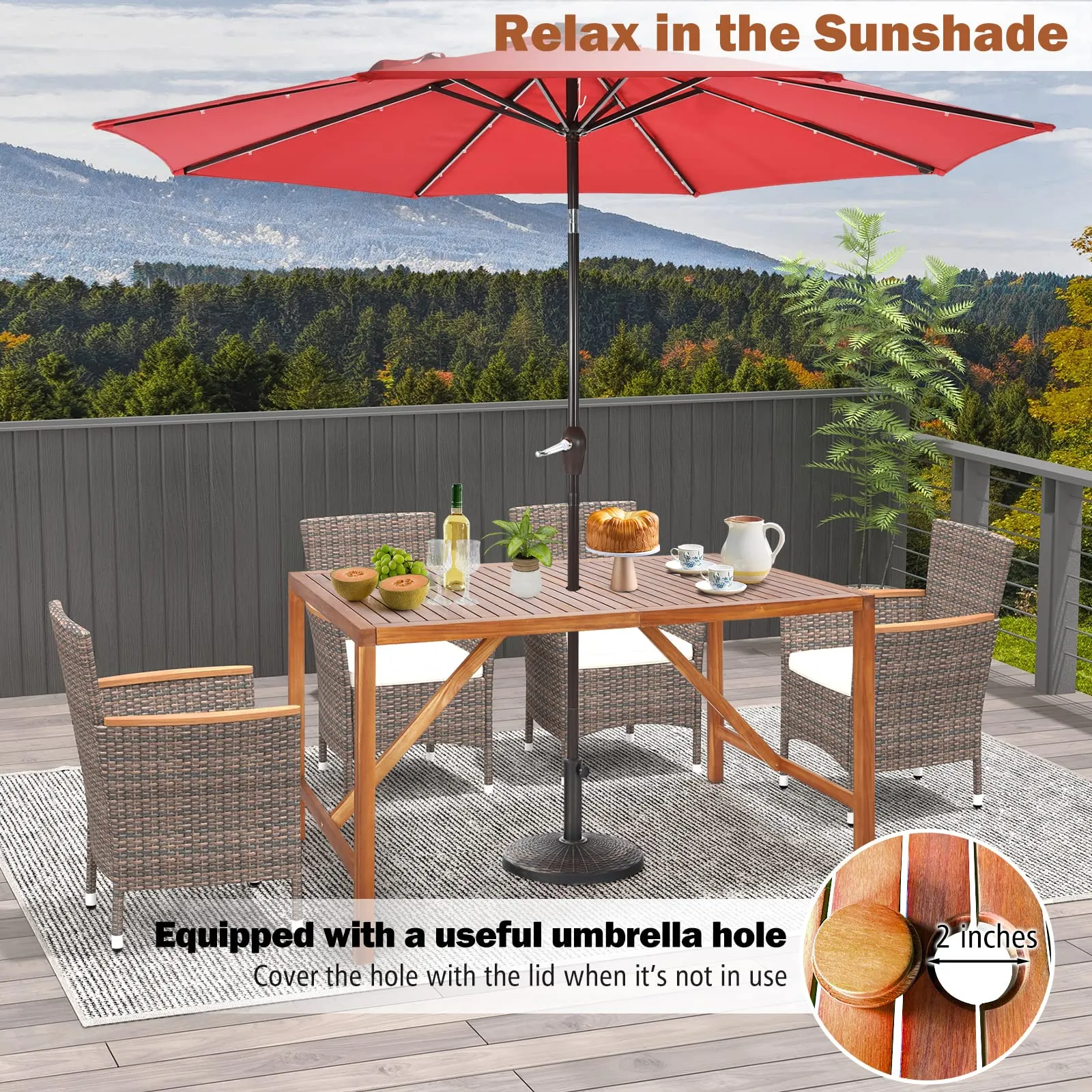 Tangkula Outdoor Rectangle Dining Table, Acacia Wood Table with 2 Inch Umbrella Hole, Spacious Slatted Tabletop for 6 Person