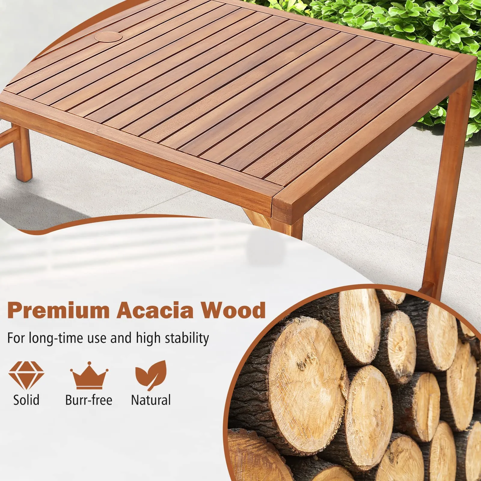 Tangkula Outdoor Rectangle Dining Table, Acacia Wood Table with 2 Inch Umbrella Hole, Spacious Slatted Tabletop for 6 Person