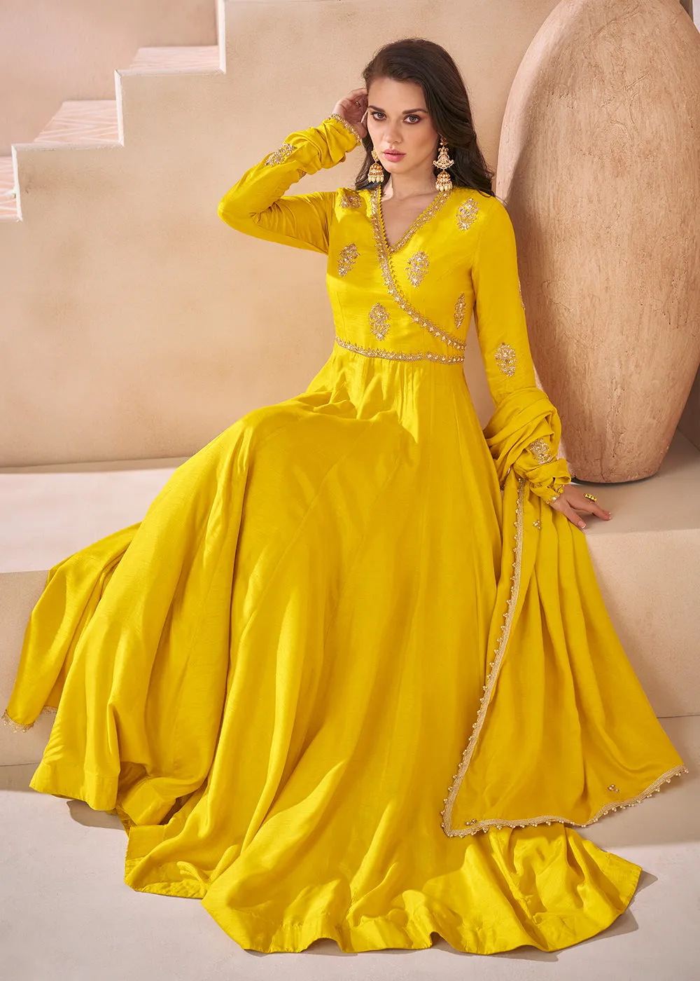 Trendy Mustard Yellow Silk Embroidered Anarkali Gown