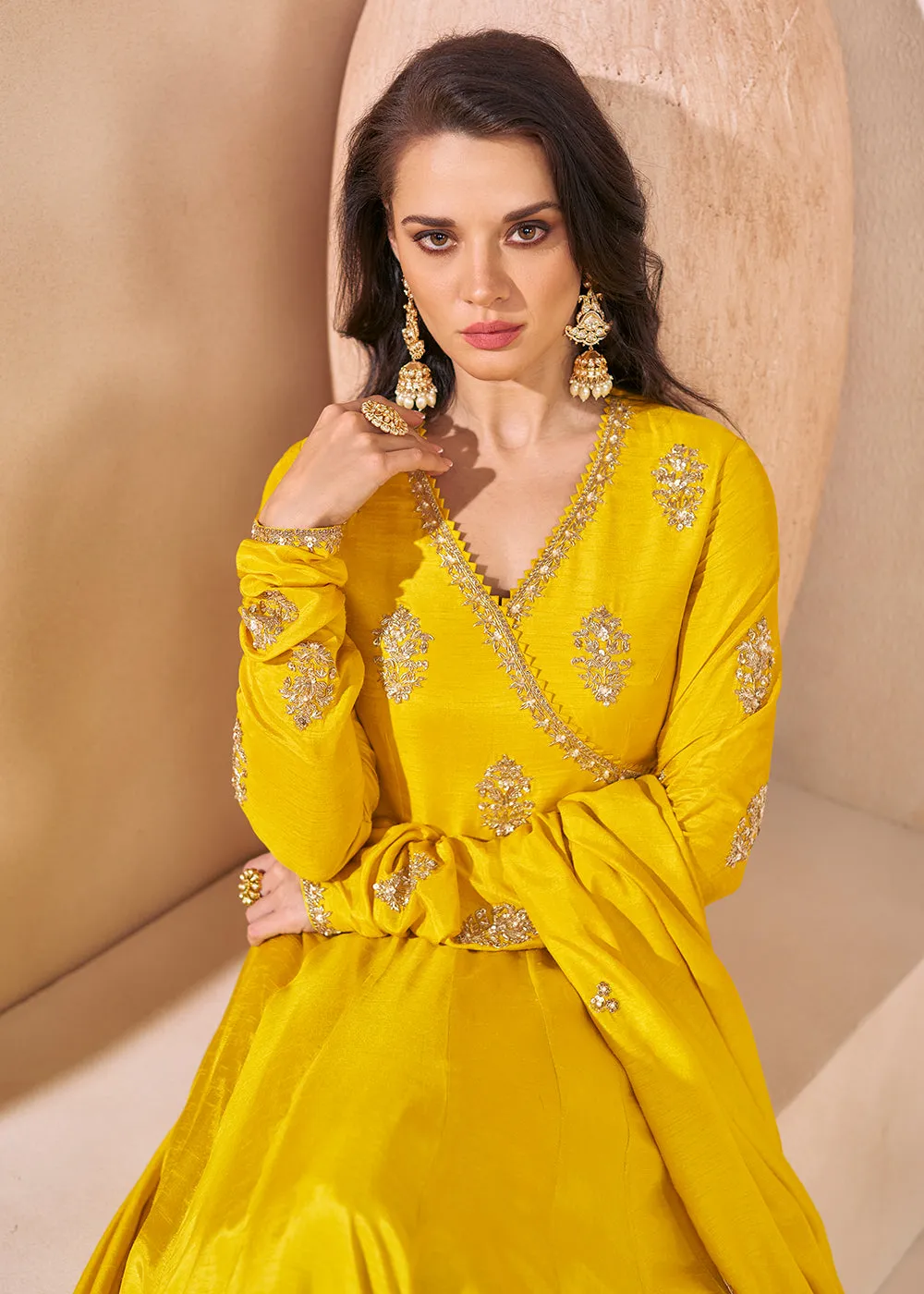 Trendy Mustard Yellow Silk Embroidered Anarkali Gown