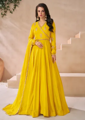 Trendy Mustard Yellow Silk Embroidered Anarkali Gown