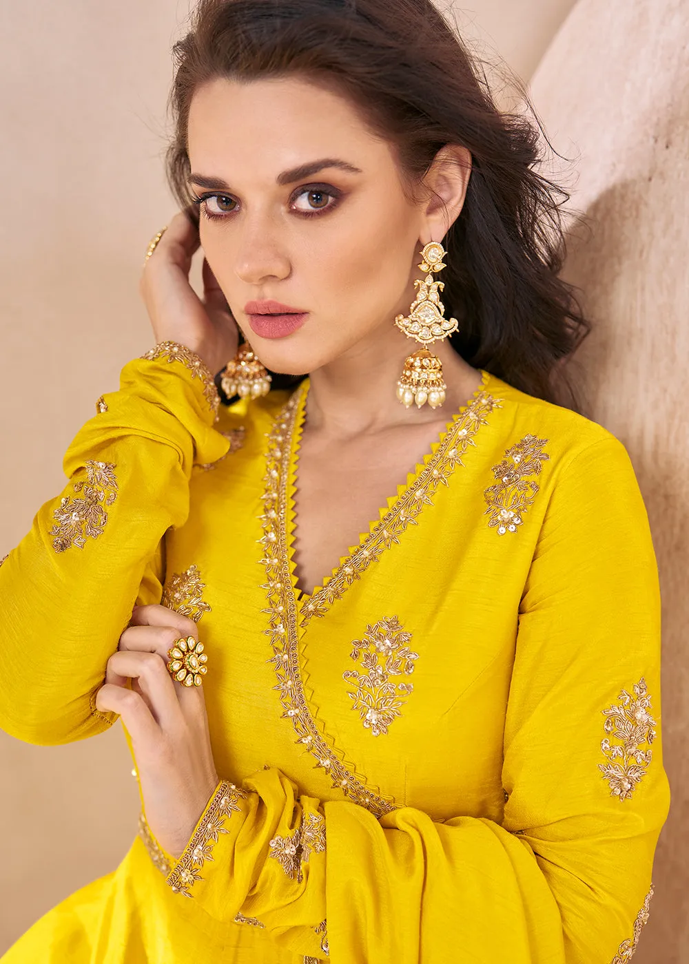 Trendy Mustard Yellow Silk Embroidered Anarkali Gown