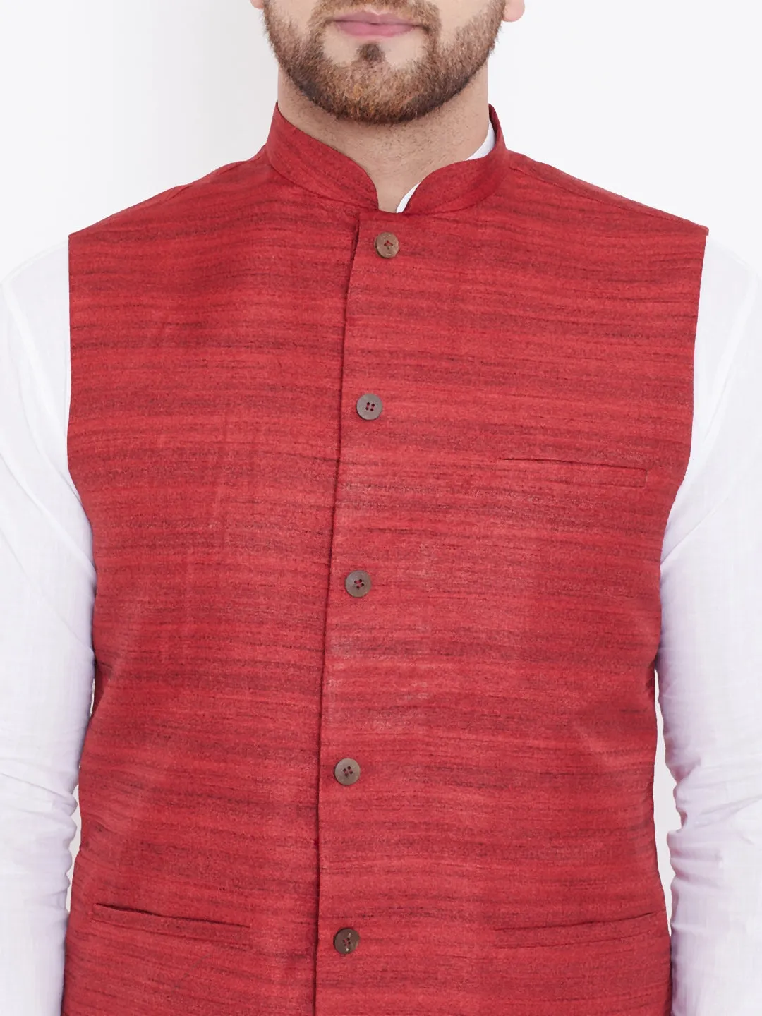 VASTRAMAY Maroon Nehru Jacket And White Kurta Pyjama Baap Beta Set