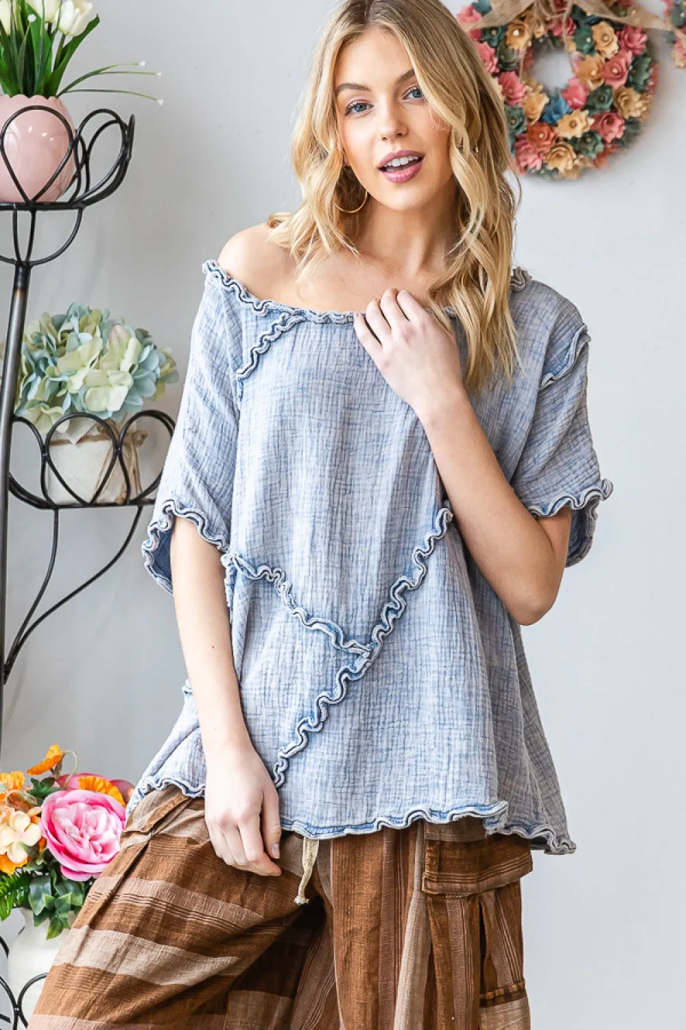 Washed Double Gauze Blue Woven Top