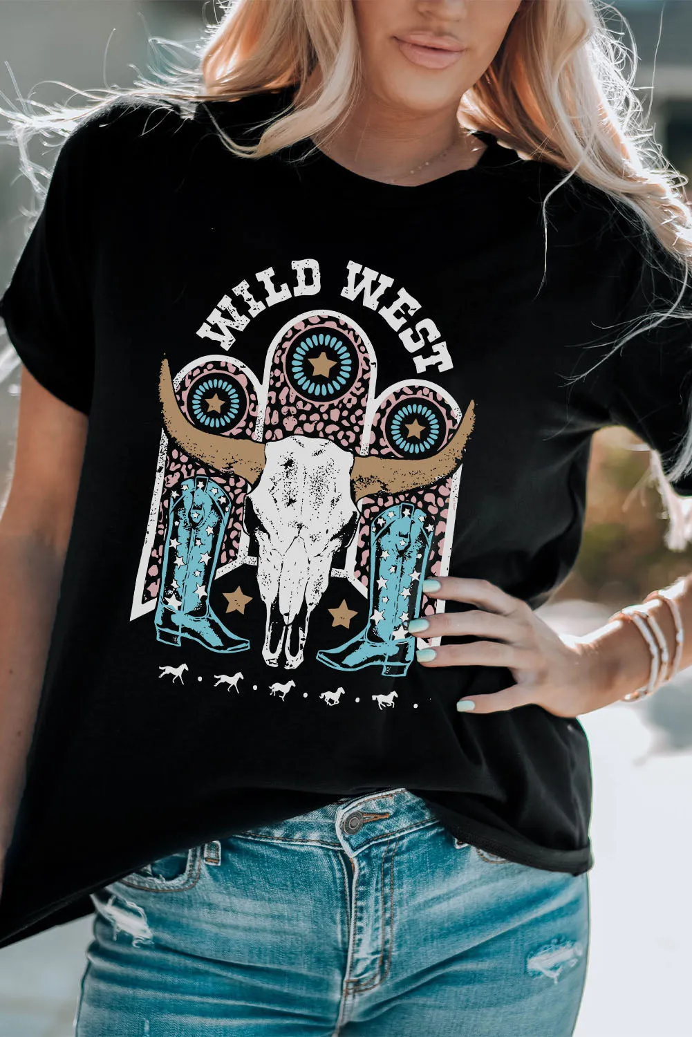 WILD WEST Steer Skull Graphic T Shirt