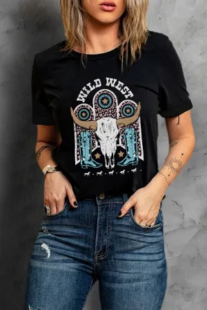 WILD WEST Steer Skull Graphic T Shirt