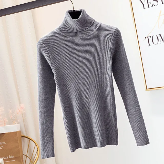 Women Autumn Winter Knitted Sweater Pullovers Turtleneck Long Sleeve Solid Color Soft