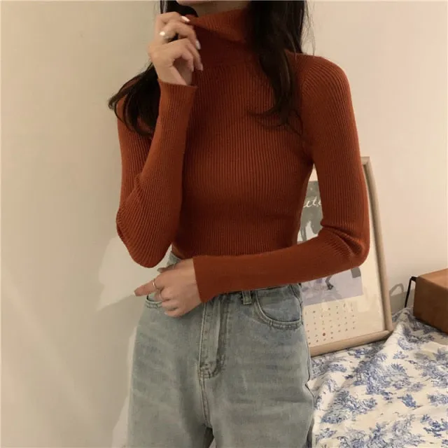 Women Autumn Winter Knitted Sweater Pullovers Turtleneck Long Sleeve Solid Color Soft