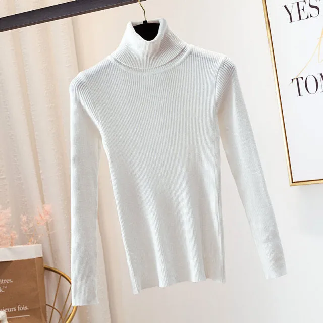 Women Autumn Winter Knitted Sweater Pullovers Turtleneck Long Sleeve Solid Color Soft