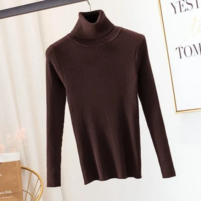 Women Autumn Winter Knitted Sweater Pullovers Turtleneck Long Sleeve Solid Color Soft