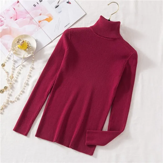 Women Autumn Winter Knitted Sweater Pullovers Turtleneck Long Sleeve Solid Color Soft