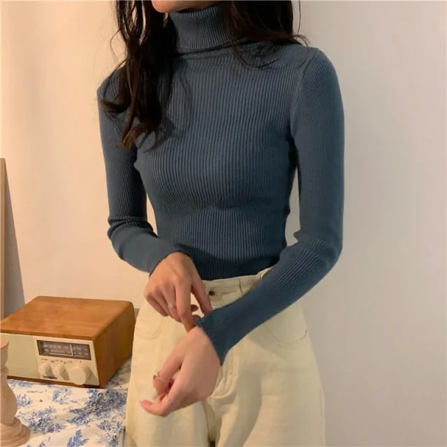 Women Autumn Winter Knitted Sweater Pullovers Turtleneck Long Sleeve Solid Color Soft