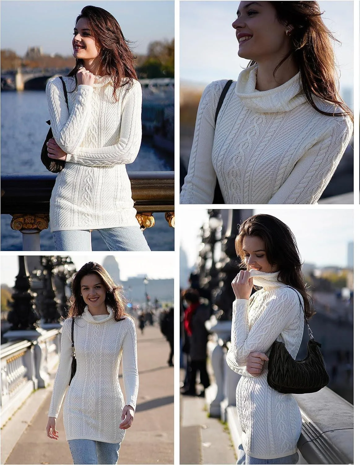 Women Polo Neck Long Slim Fitted Dress Bodycon Turtleneck Cable Knit Sweater