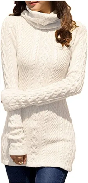 Women Polo Neck Long Slim Fitted Dress Bodycon Turtleneck Cable Knit Sweater