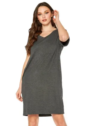 Women's V Neck T-Shirt Dress, Grey Color, Brushed Rolled Short Sleeve, With Pockets