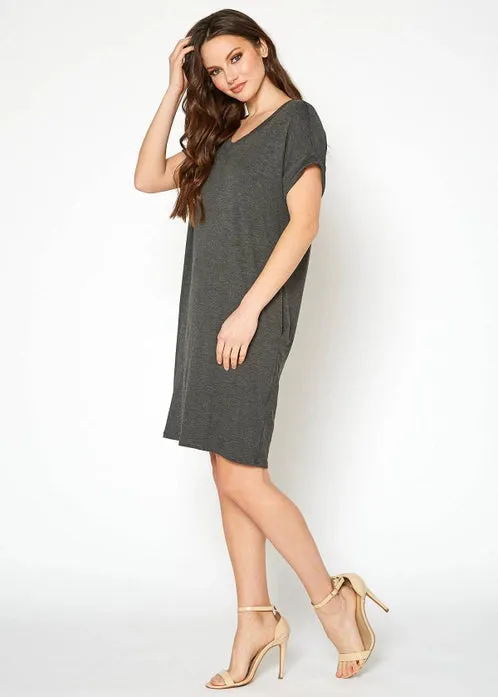 Women's V Neck T-Shirt Dress, Grey Color, Brushed Rolled Short Sleeve, With Pockets